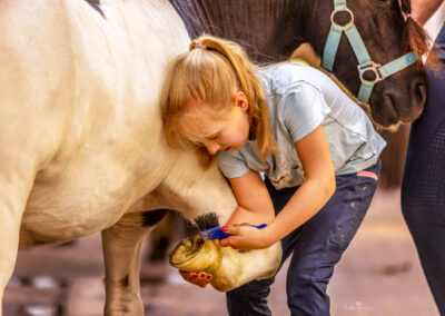 Hufe auskratzen im Kinder Reitunterricht